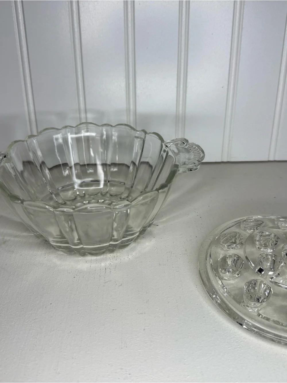 Vintage Anchor Hocking Old Cafe 16 hole clear glass Flower Frog bowl, circa 1930